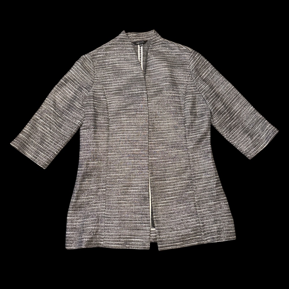 Misook Womens Medium Silver Black Metallic Textured Knit Open Front Jacket M